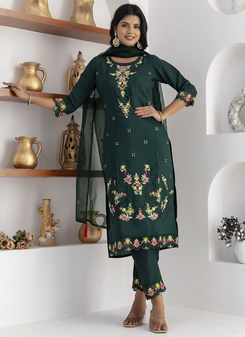 Green Viscose Silk Embroidered A-Line Salwar Suit Set