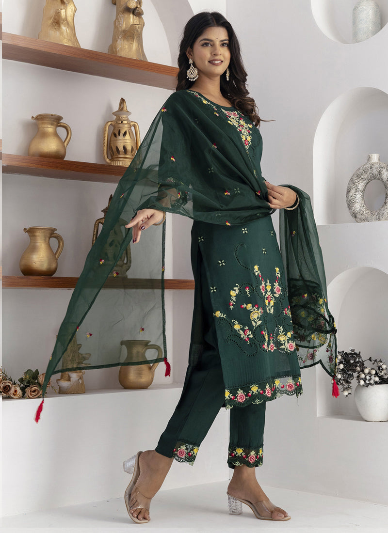 Green Viscose Silk Embroidered A-Line Salwar Suit Set