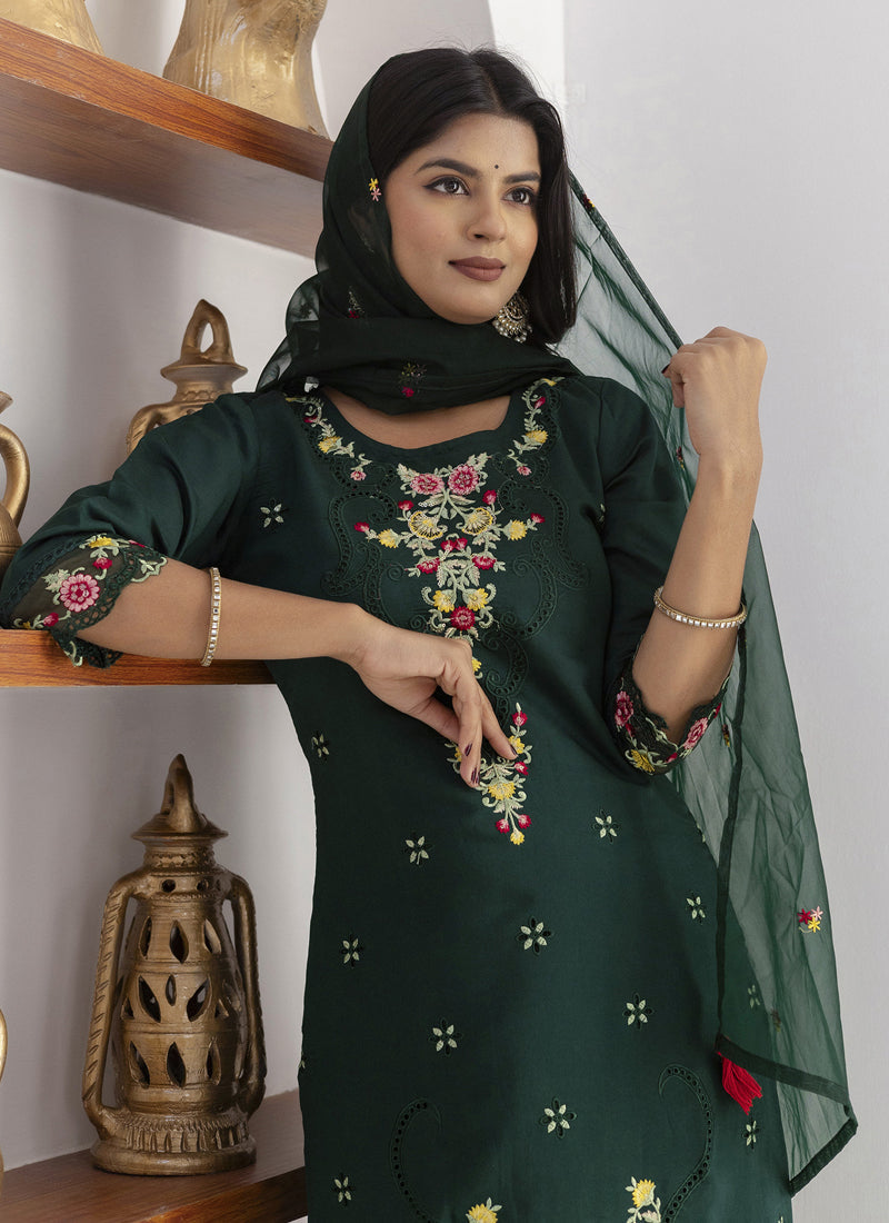 Green Viscose Silk Embroidered A-Line Salwar Suit Set