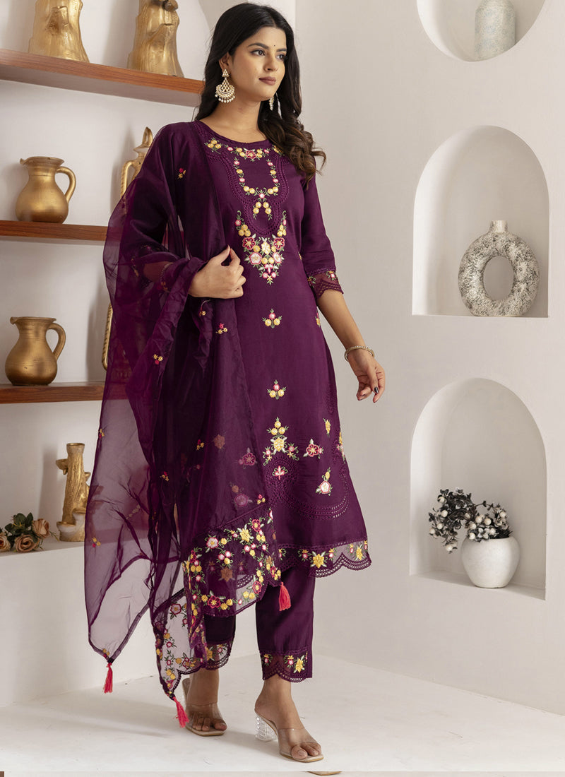 Wine Viscose Silk Embroidered A-Line Salwar Suit Set
