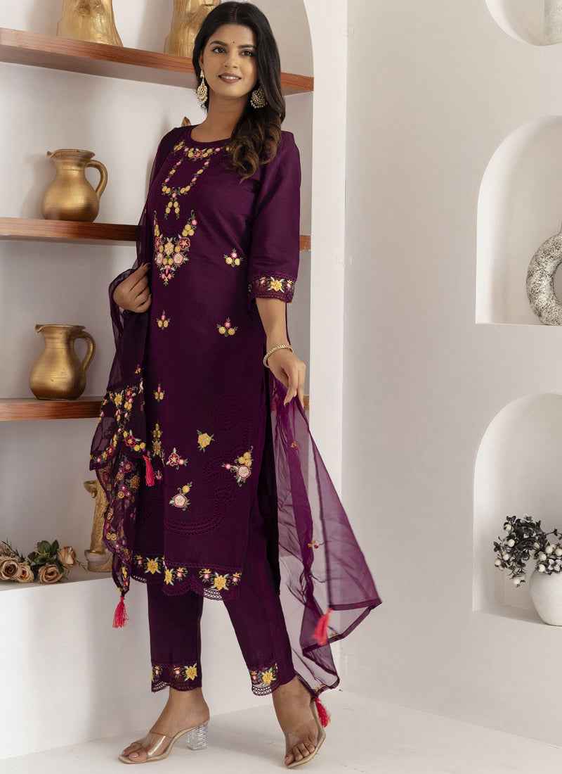 Wine Viscose Silk Embroidered A-Line Salwar Suit Set