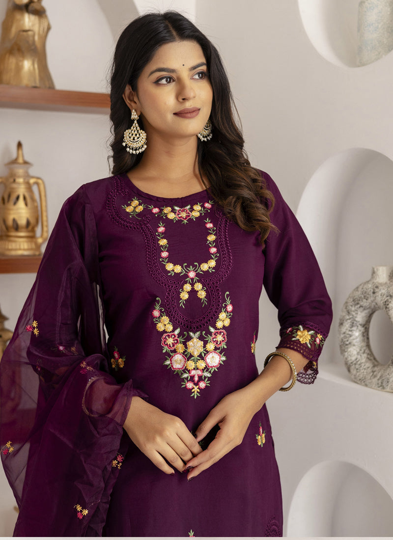 Wine Viscose Silk Embroidered A-Line Salwar Suit Set