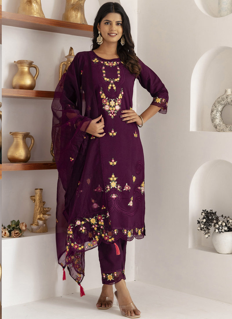 Rich Wine Viscose Silk embroidered A-line Salwar Suit for women