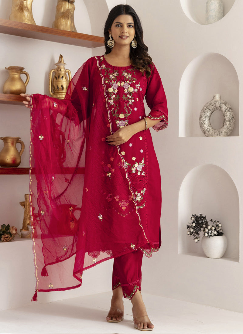 Maroon Viscose Silk Embroidered Salwar Suit Set