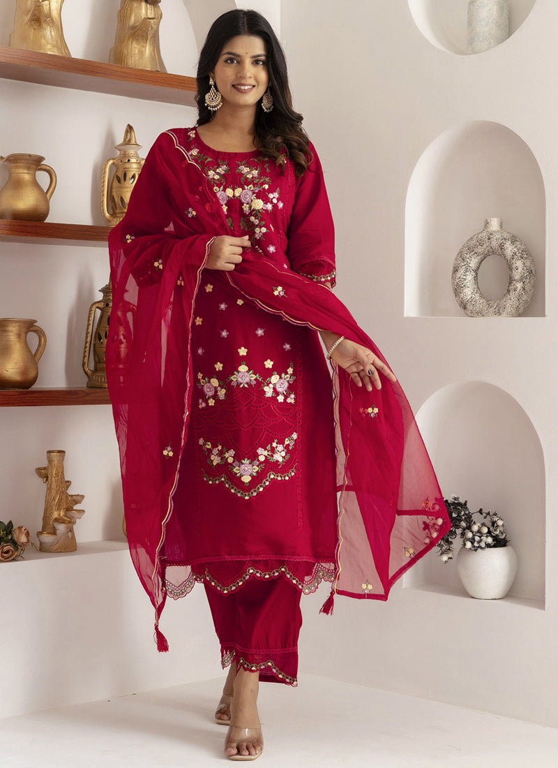 Maroon Viscose Silk Embroidered Salwar Suit Set