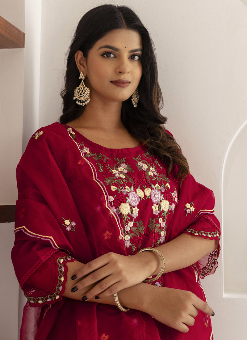 Maroon Viscose Silk Embroidered Salwar Suit Set