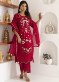 Maroon viscose silk embroidered A-line salwar suit with matching dupatta