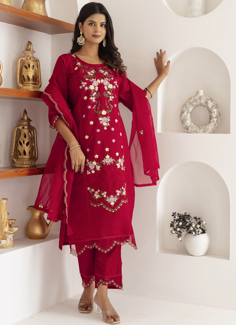 Maroon viscose silk embroidered A-line salwar suit with matching dupatta