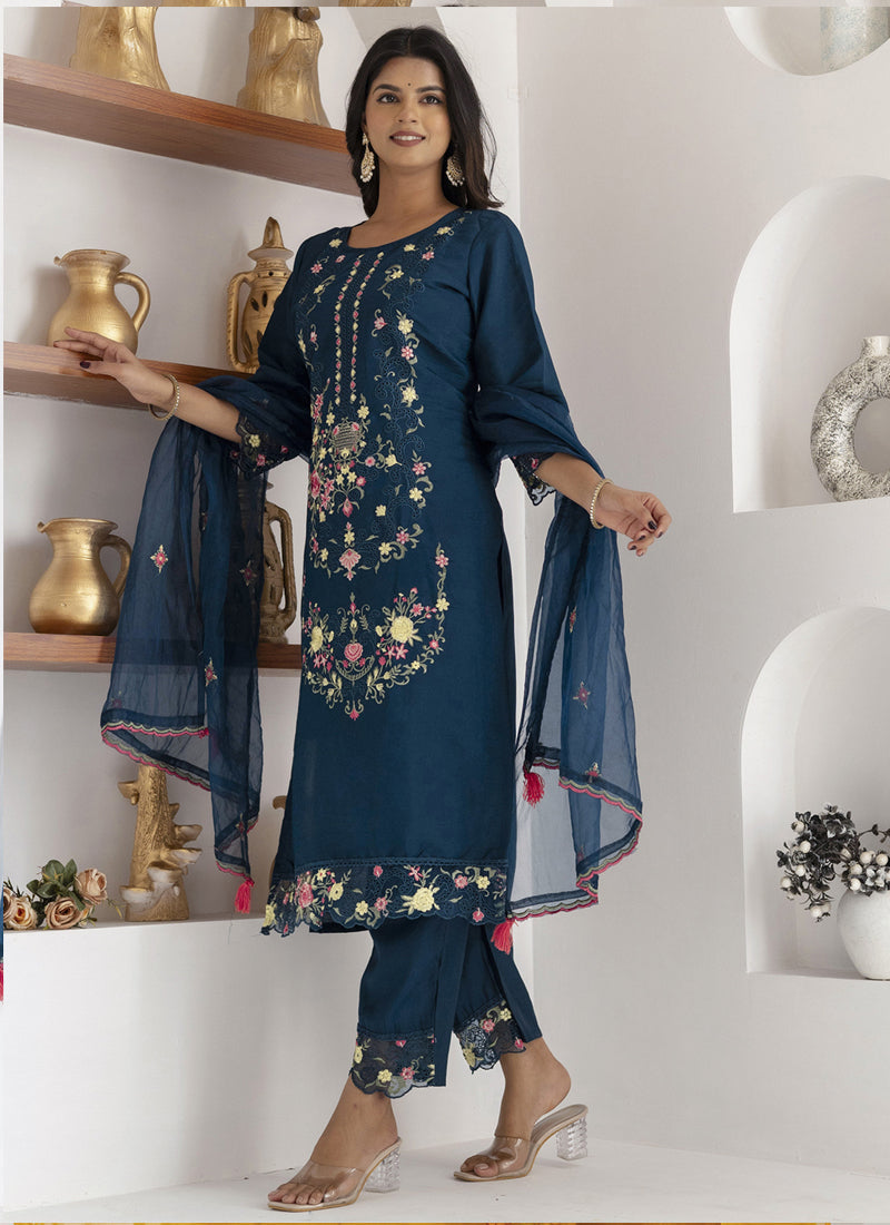 Royal Blue Viscose Silk Embroidered Salwar Suit Set