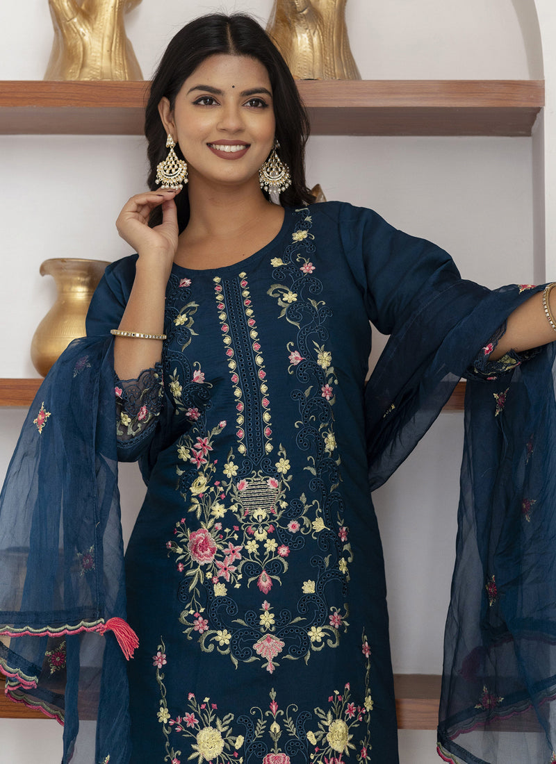 Royal Blue Viscose Silk Embroidered Salwar Suit Set
