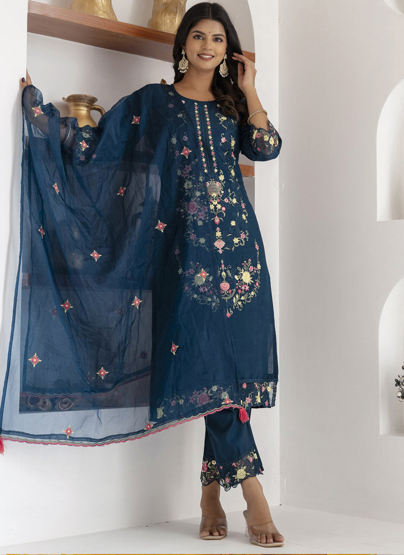 Royal Blue Viscose Silk embroidered salwar suit with A-line kurta.