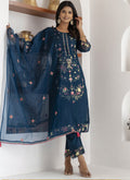 Royal Blue Viscose Silk embroidered salwar suit with A-line kurta.