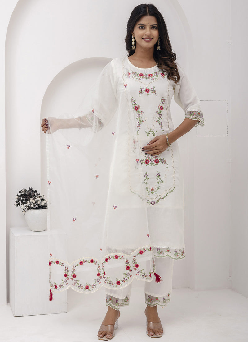 Off White Viscose Silk Embroidered A-Line Salwar Suit