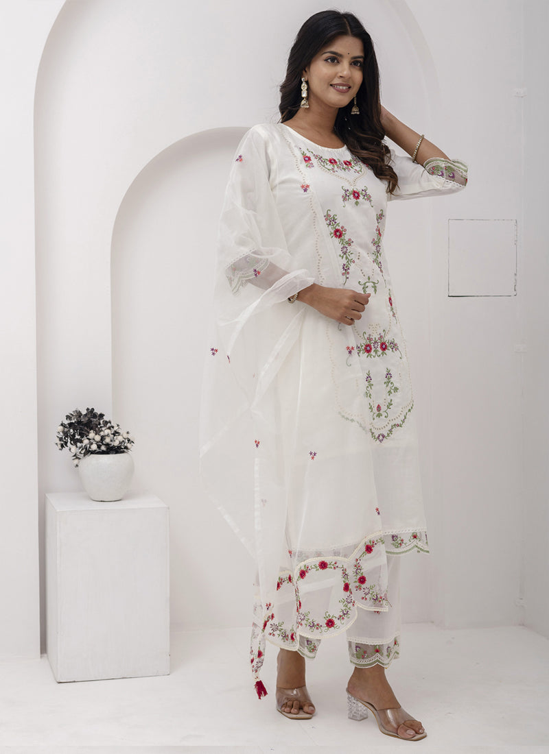 Off White Viscose Silk Embroidered A-Line Salwar Suit
