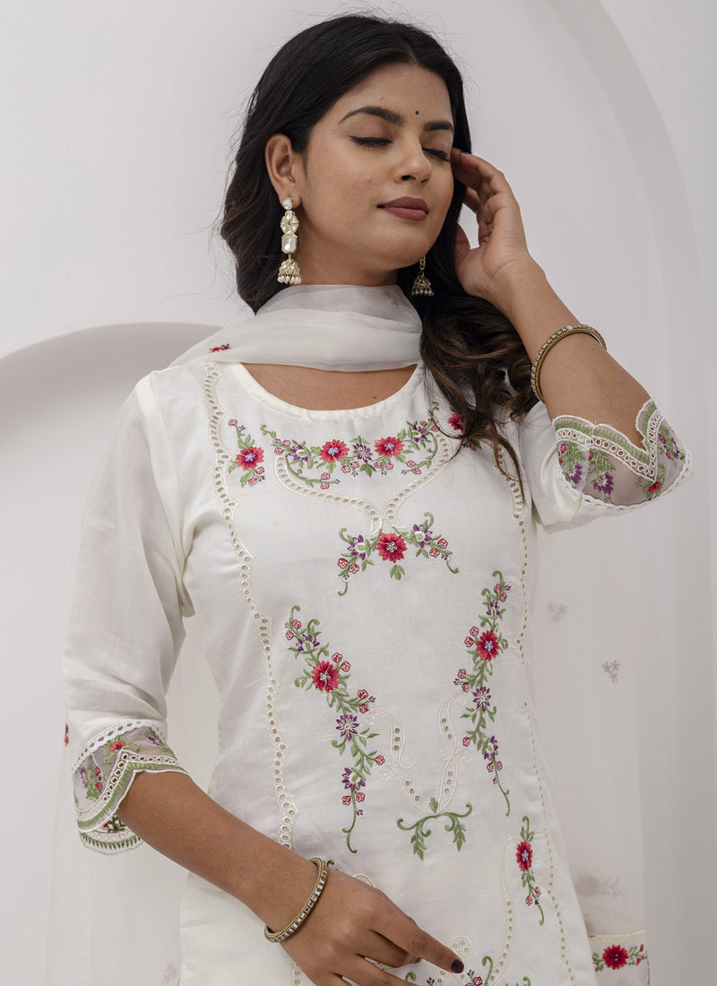 Off White Viscose Silk Embroidered A-Line Salwar Suit