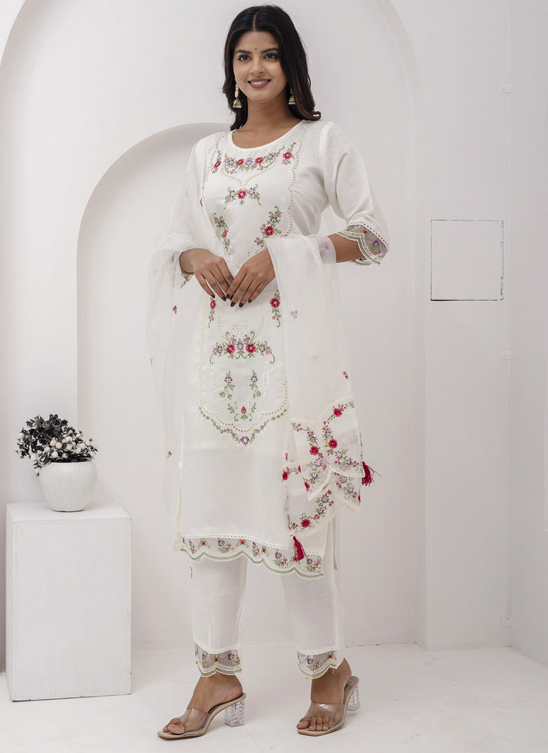 Off White Viscose Silk embroidered A-line salwar suit with matching dupatta