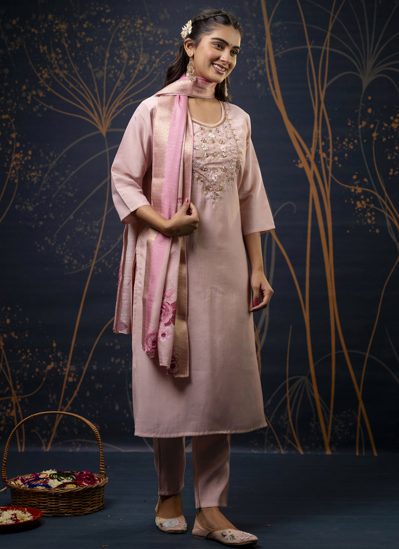 Baby Pink Shimmer Silk Embroidered Salwar Suit Set for Girls