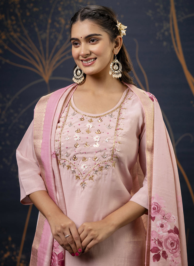 Baby Pink Shimmer Silk Embroidered Salwar Suit Set for Girls