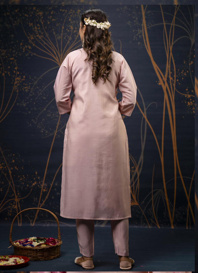 Baby Pink Shimmer Silk Embroidered Salwar Suit Set for Girls