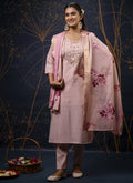 Baby pink shimmer silk A-line salwar suit with delicate embroidery for girls