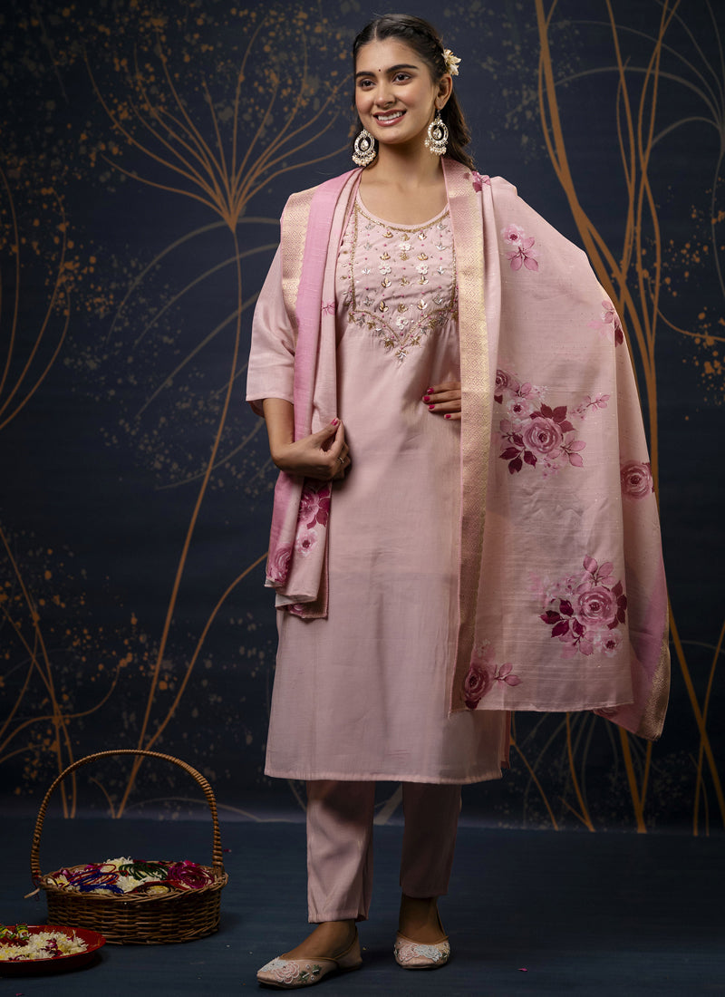 Baby pink shimmer silk A-line salwar suit with delicate embroidery for girls