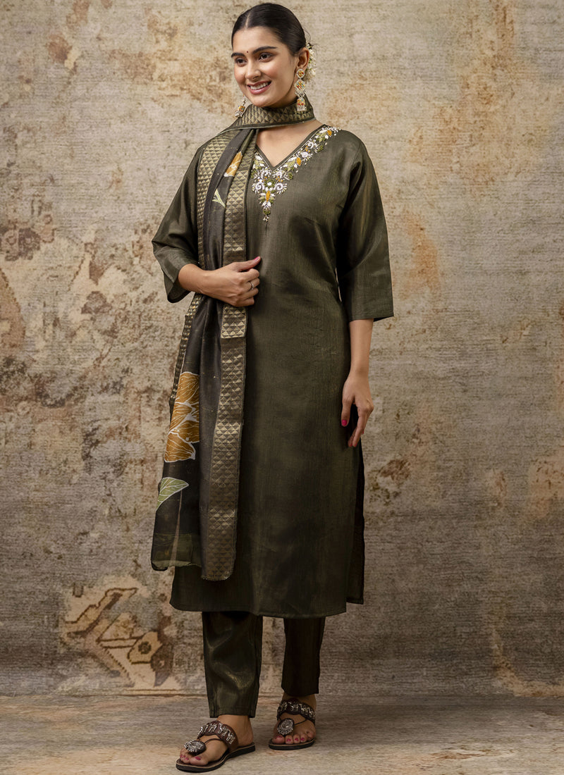 Dark Mehendi Shimmer Silk A-Line Embroidered Salwar Suit Set