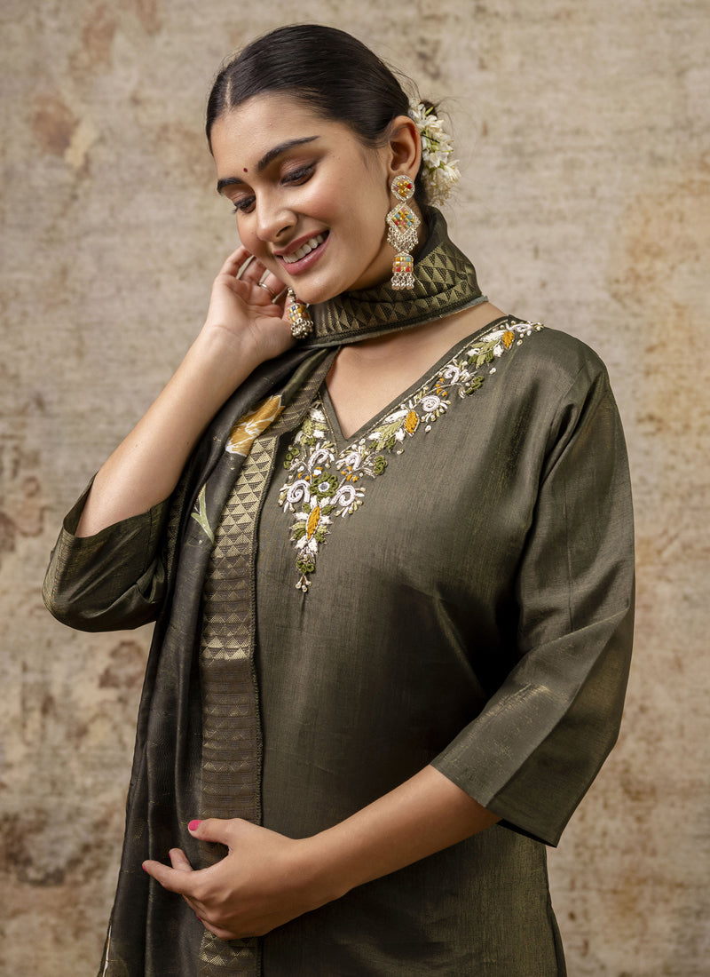 Dark Mehendi Shimmer Silk A-Line Embroidered Salwar Suit Set
