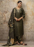 Dark Mehendi shimmer silk A-line salwar suit with intricate embroidery and matching dupatta