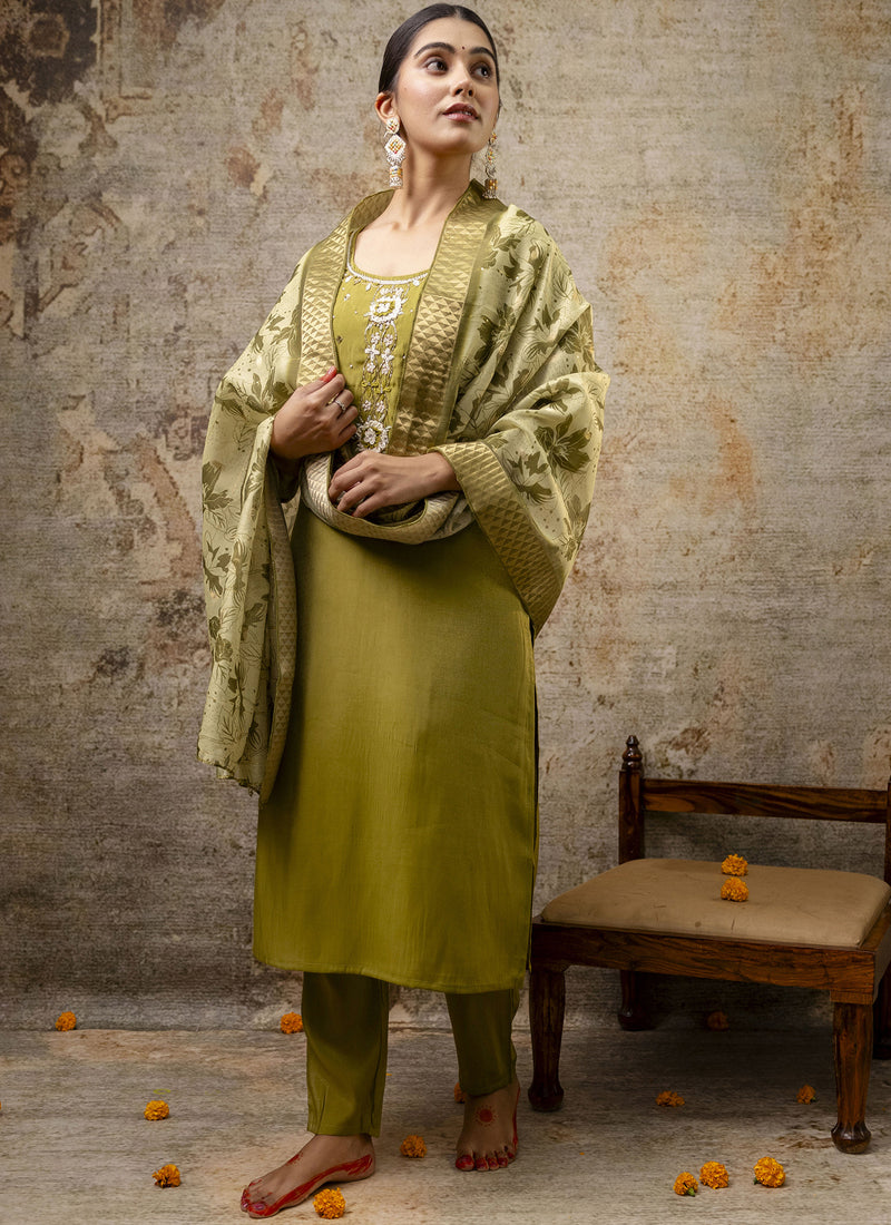 Parrot Green Shimmer Silk Embroidered Salwar Suit