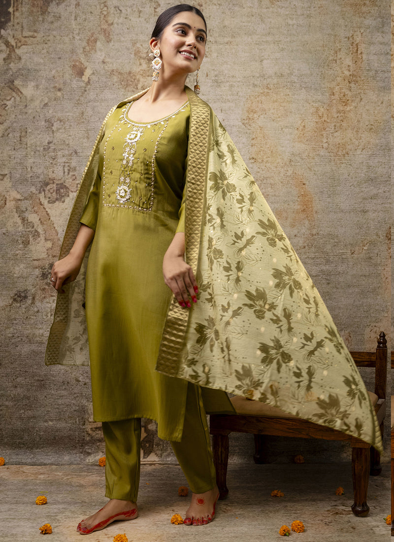 Parrot Green Shimmer Silk Embroidered Salwar Suit