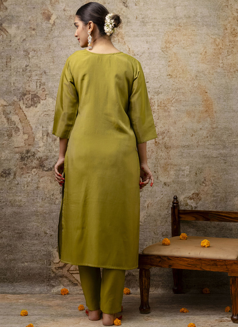Parrot Green Shimmer Silk Embroidered Salwar Suit