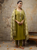Parrot Green Shimmer Silk embroidered suit with matching dupatta