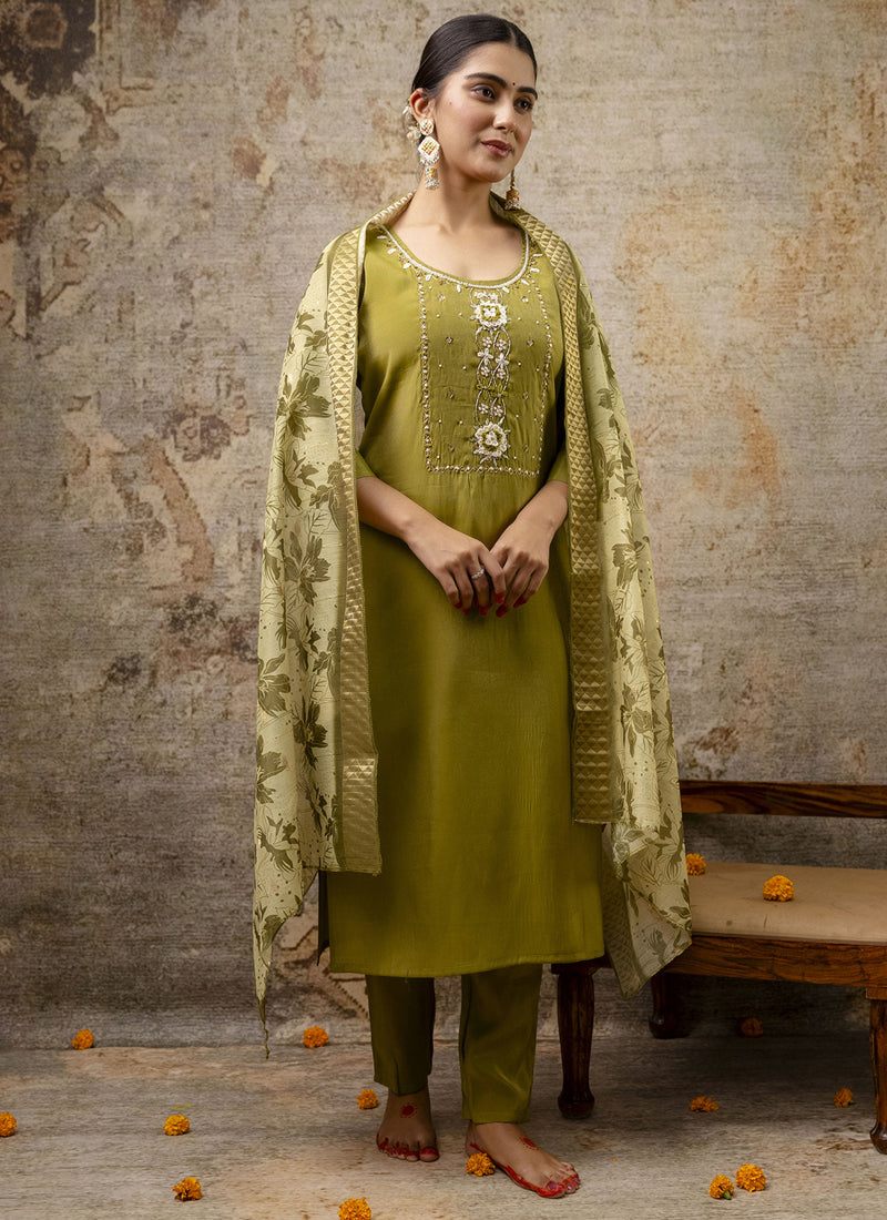 Parrot Green Shimmer Silk embroidered suit with matching dupatta