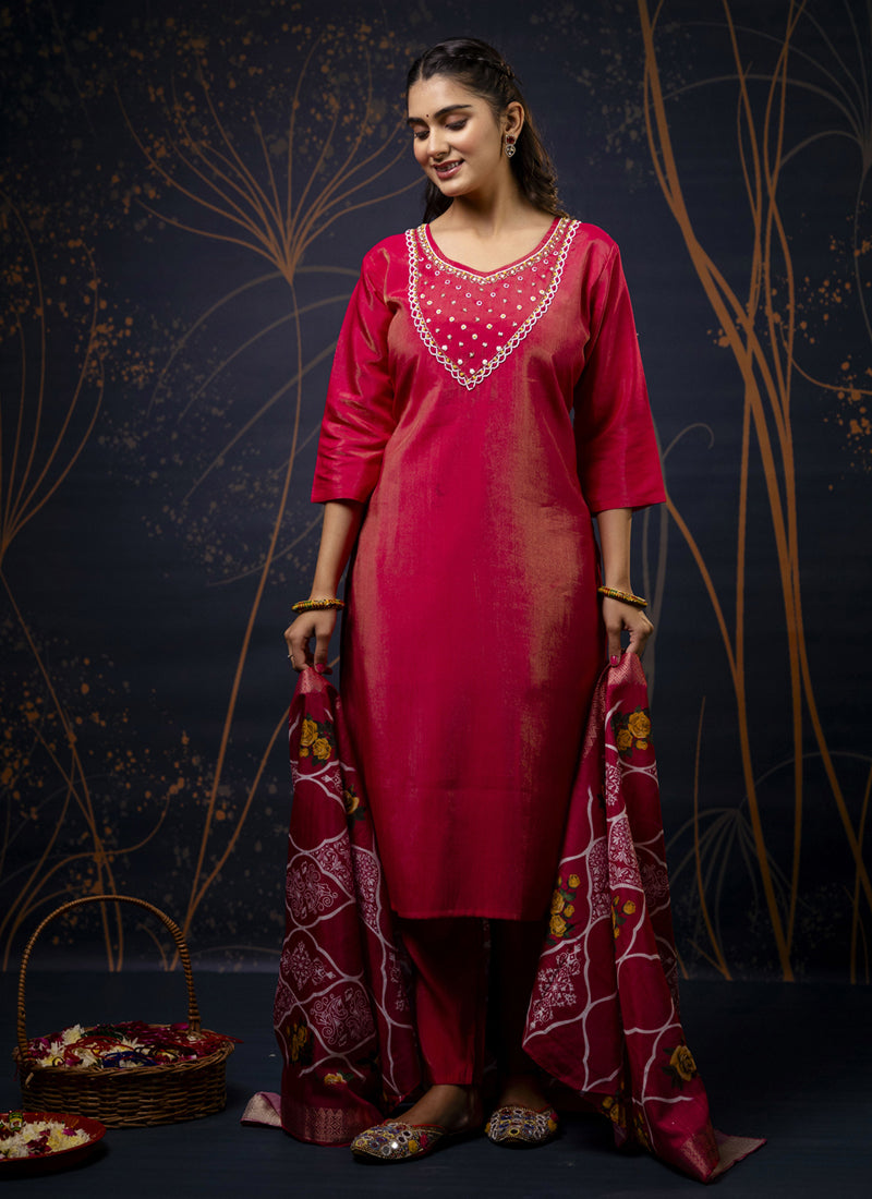 Vegaa Fashion Red Shimmer Silk Embroidered Salwar Suit