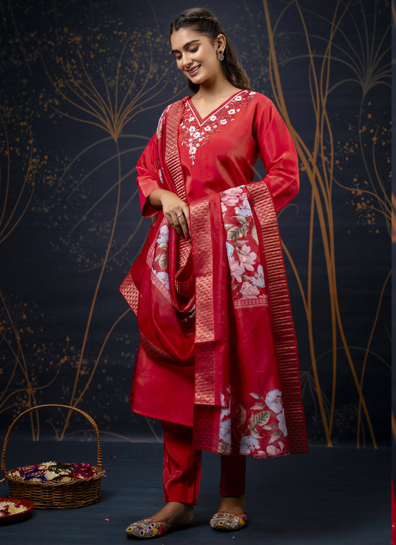 Red Shimmer Silk A-Line Embroidered Salwar Suit Set