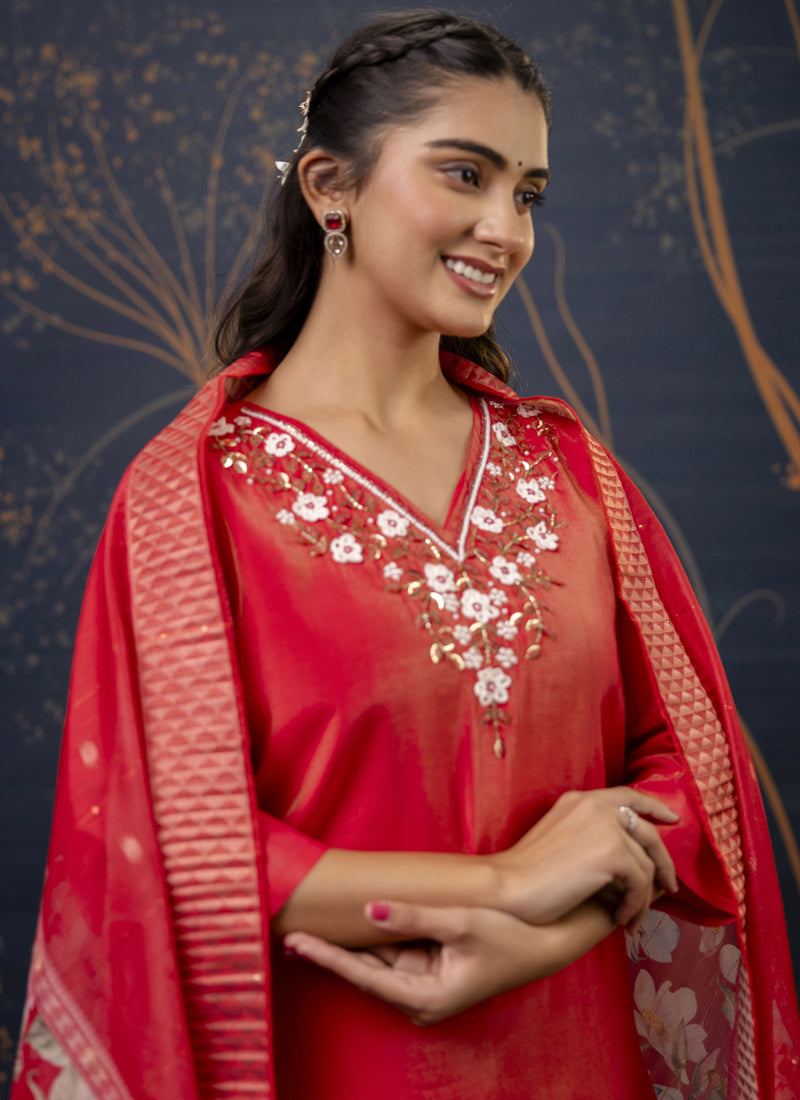 Red Shimmer Silk A-Line Embroidered Salwar Suit Set