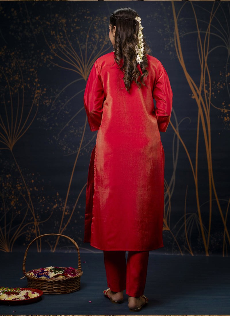 Red Shimmer Silk A-Line Embroidered Salwar Suit Set