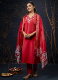 Red Shimmer Silk A-Line embroidered salwar suit with matching dupatta and bottom