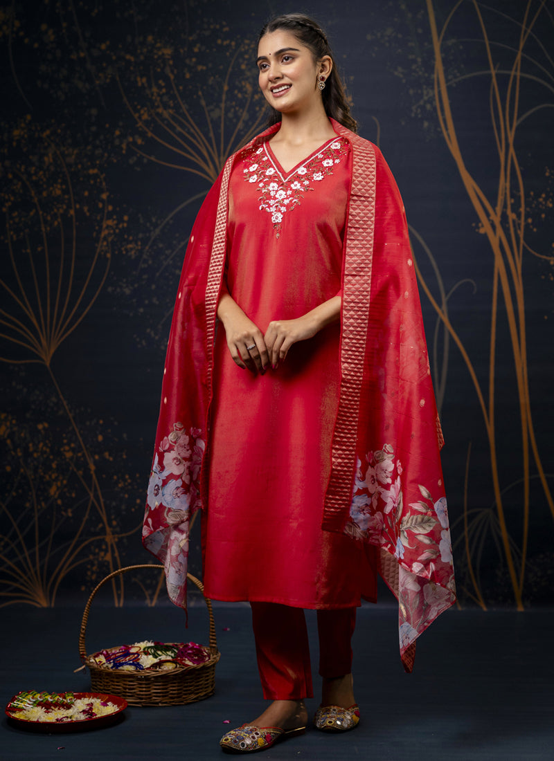 Red Shimmer Silk A-Line embroidered salwar suit with matching dupatta and bottom