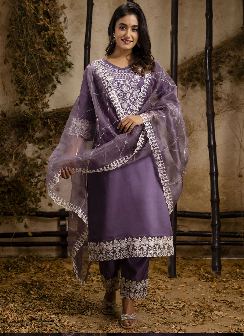 Lavender Shimmer Silk Embroidered A-Line Salwar Suit