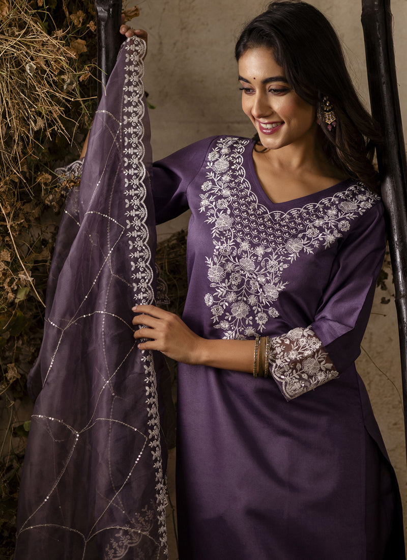 Lavender Shimmer Silk Embroidered A-Line Salwar Suit