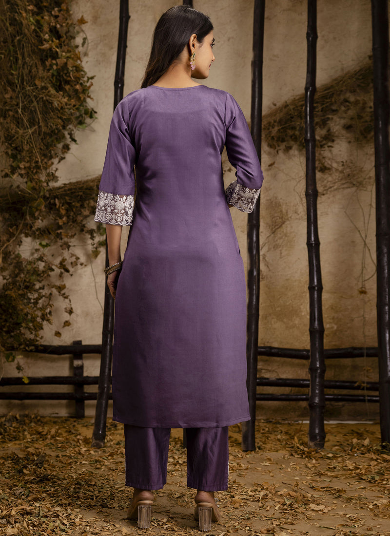 Lavender Shimmer Silk Embroidered A-Line Salwar Suit