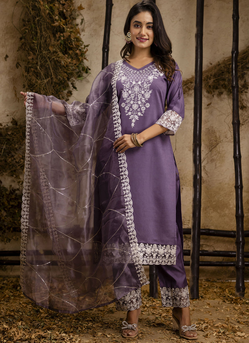Lavender Shimmer Silk embroidered A-line salwar suit