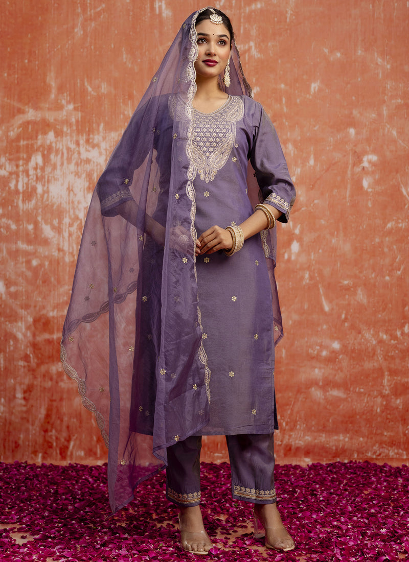 Lavender Silk Blend Embroidered Salwar Suit Set