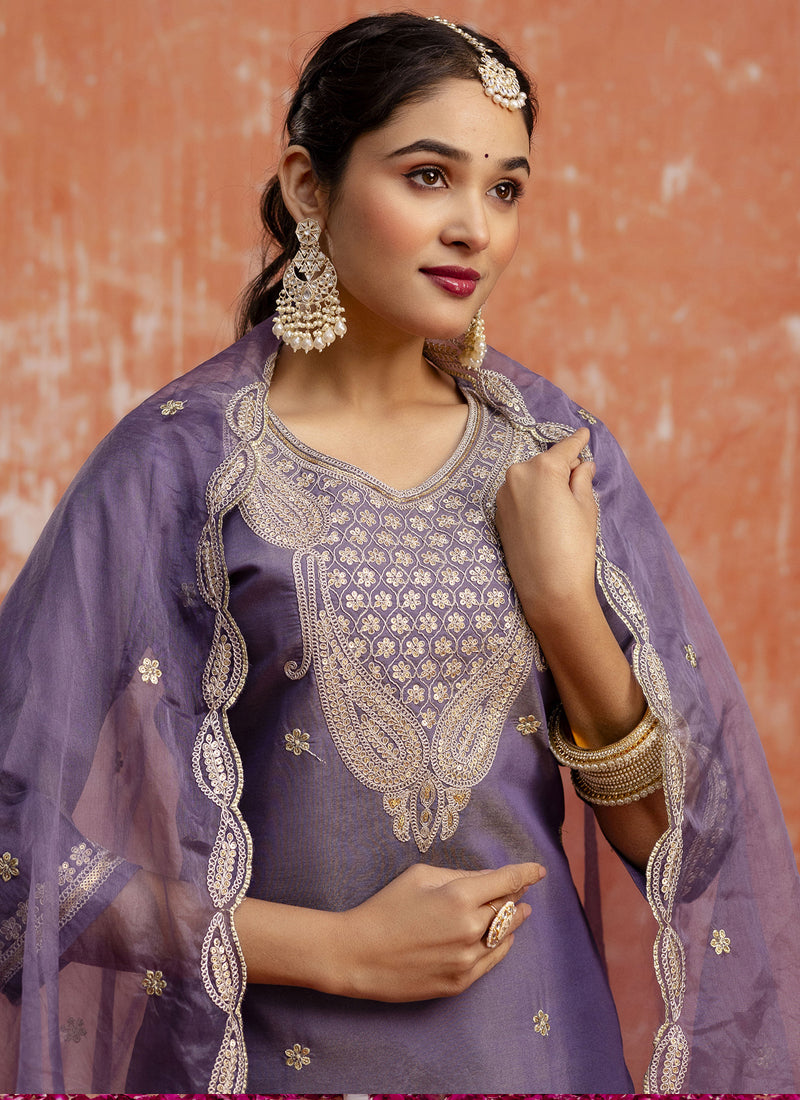 Lavender Silk Blend Embroidered Salwar Suit Set