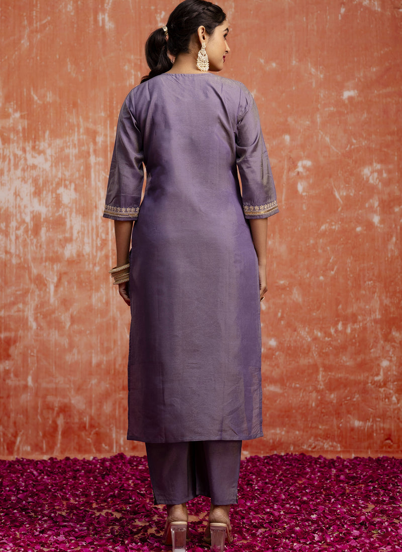 Lavender Silk Blend Embroidered Salwar Suit Set