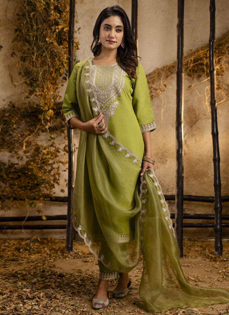 Parrot Green Silk Blend Embroidered Salwar Suit Set