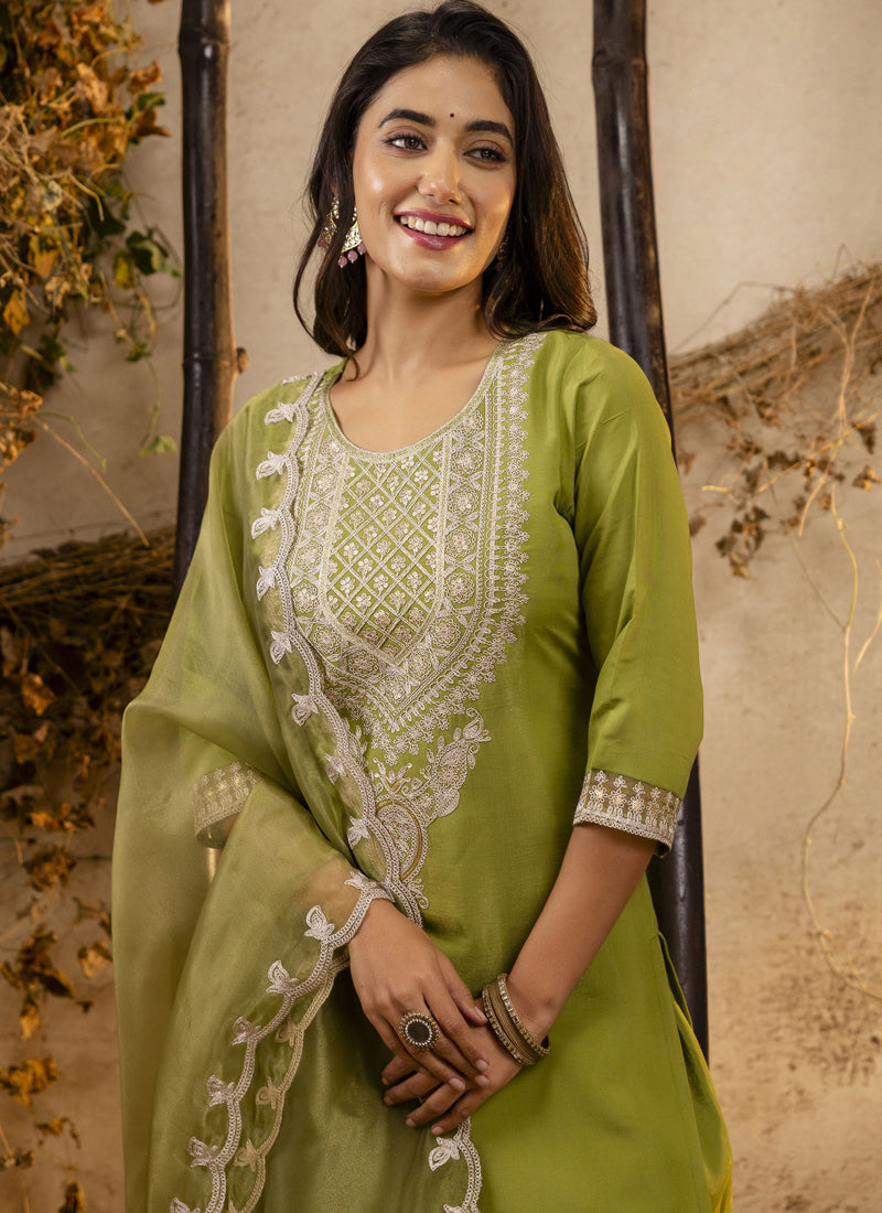 Parrot Green Silk Blend Embroidered Salwar Suit Set