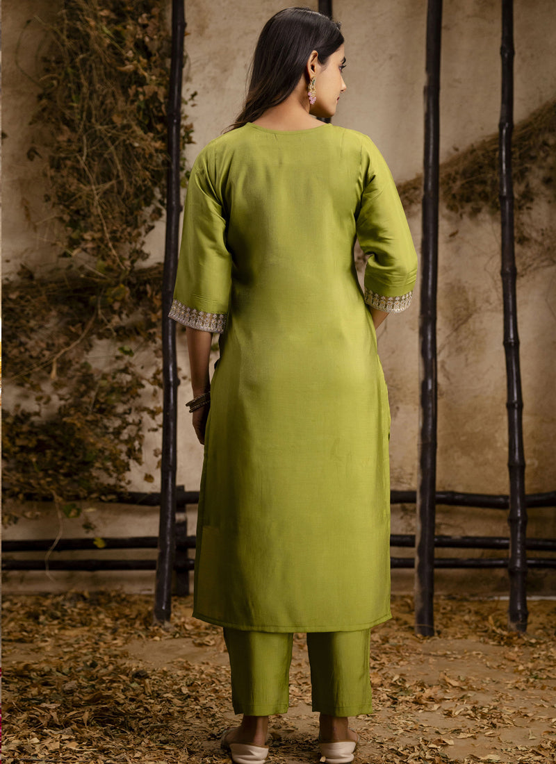 Parrot Green Silk Blend Embroidered Salwar Suit Set