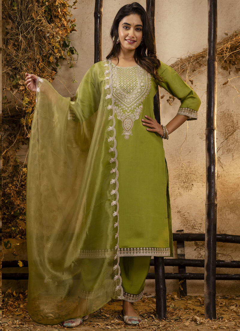 Parrot Green Silk blend A-line embroidered salwar suit